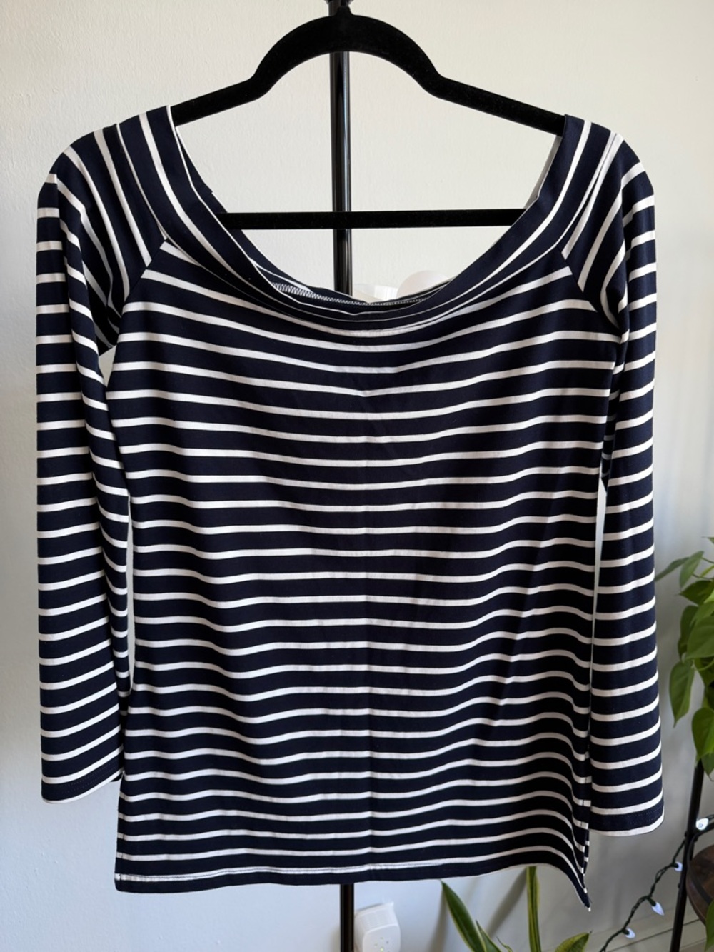 Striped Navy and White Off The Shoulder Long Sleeve Top | Size Medium